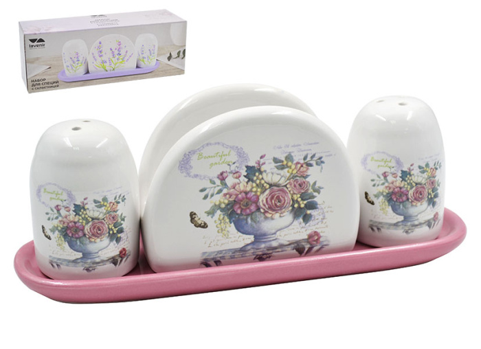 Набор для специй с салфетницей Lavenir "Beautiful garden" 4,3/9,5*7/21*6 см HC415-K48 долом. 1/36шт.