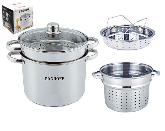 Кастрюля Fanhoff 7,5 л FH-609-24 + пароварка и вставка для варки спагетти нержавеющая сталь  1/4шт.