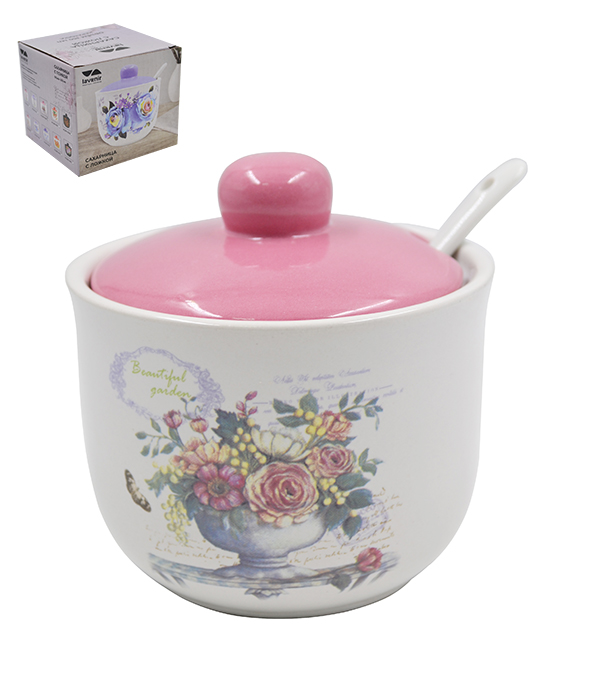 Сахарница Lavenir "Beautiful garden" 330 мл, 10 см HC200-K48 с ложкой доломит  1/36шт.