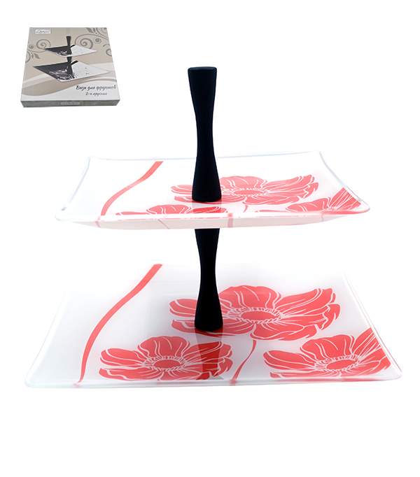 Ваза для фруктов 2-х ярусная квадр. "Маки" 94268 (2-х цв.)      1/6шт.