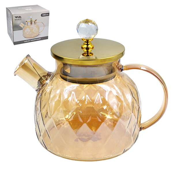 Чайник заварочный Lavenir 1000 мл, 4025-1000GLD стекло, нержавеющая сталь      1/24шт.