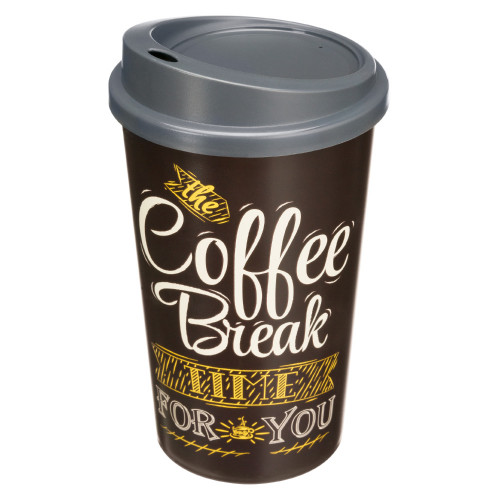 Стакан для  напитков с крышкой B5239414 с декором "Coffe" (коричневый)    1/15шт.