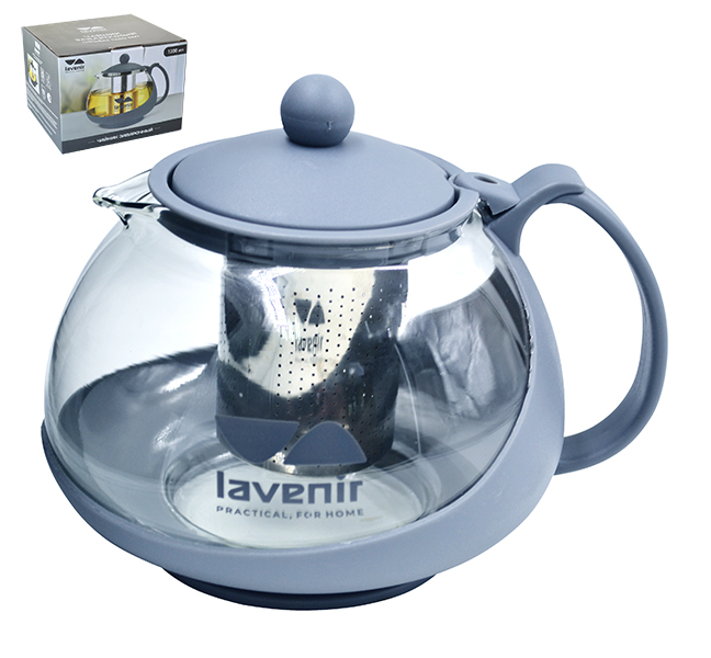 Чайник заварочный Lavenir 1200 мл, 8092-1200GRY стекло, пластик, нержавеющая сталь      1/36шт.